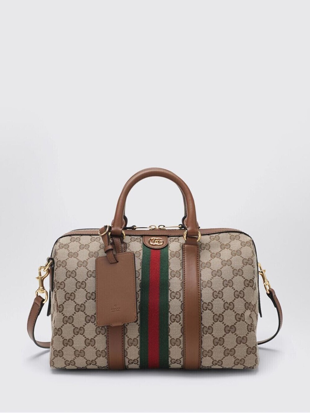 Gucci Ophidia GG Web 2Way Boston Bag Leather Beige Tan